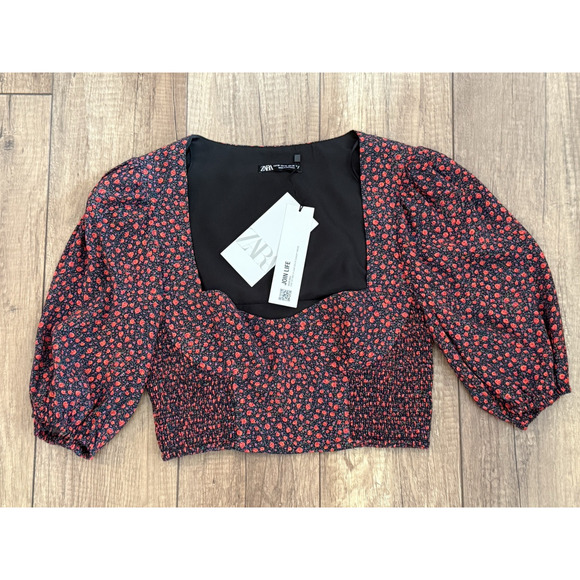 Zara NWT Floral Print Ruched Floral Sweetheart Crop Top Balloon Sleeve Size XS‎ - Picture 11 of 16